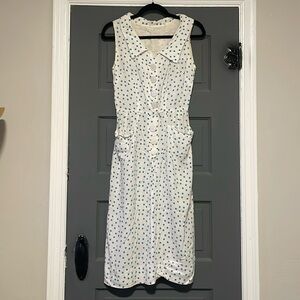 1940’s-1950’s White Cotton Teal Dot Linen Wiggle Dress with Big Buttons Pockets